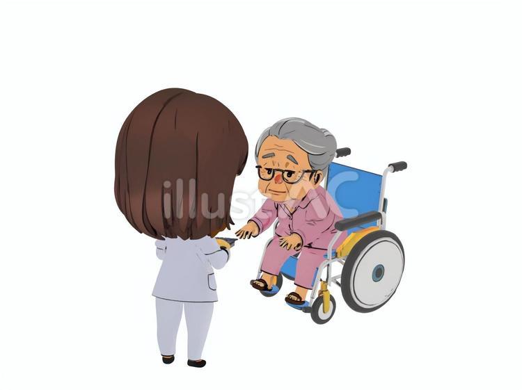 病院で車椅子の高齢者介護介助の医療従事者 高齢者支援,ナース服,会話のイラスト素材