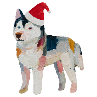 厚塗りのクリスマスハスキー犬 ハスキー,犬,クリスマス,サンタ帽子,動物,ペット,厚塗り,油絵風,手描き,かわいいのイラスト素材