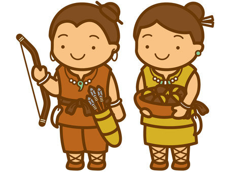 縄文人-4c 縄文人,縄文時代,古代人,古代,貫頭衣,靴,編上げ靴,弓矢,弓,矢のイラスト素材