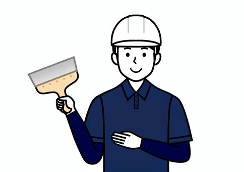内装工事・内装工・クロス職人の男性 内装工,クロス職人,職人,リフォーム,修繕,貼り替え,壁紙,壁,男性,おまかせくださいのイラスト素材