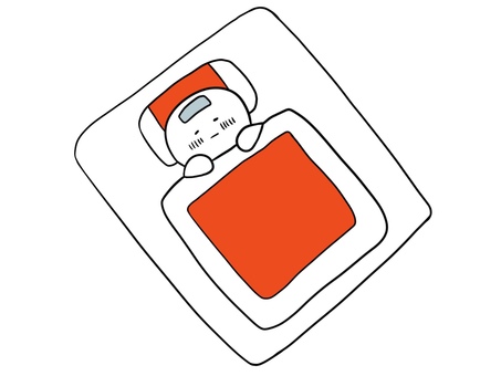 熱が出て寝込んでいる棒人間(オレンジ色) 発熱,病,病気,棒人間,人間,人物,people,手書き,手描き,ゆるいのイラスト素材