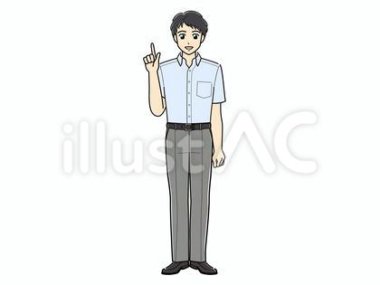 指差しポーズで話すクールビズ男性(全身)