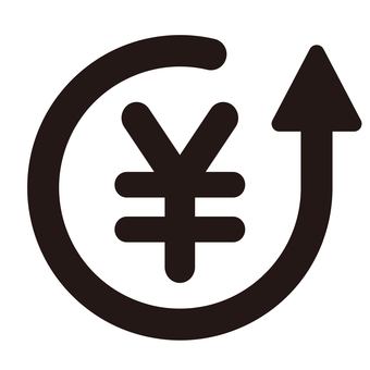 お金と上昇する矢印のシンプルアイコン お金,円,マーク,日本円,サイン,矢印,コストアップ,利益,資産,運用のイラスト素材