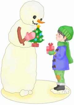 メリークリスマス クリスマス,男の子,雪だるま,クリスマスツリー,野外,プレゼント,マフラー,手描き,手袋,可愛いのイラスト素材