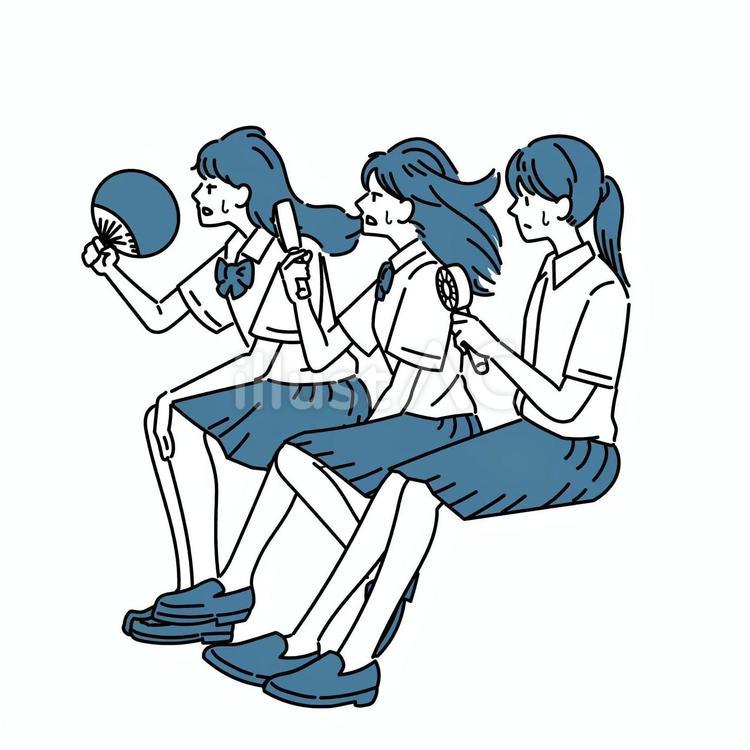 風で暑さをしのぐ女子生徒たち 猛暑,女性,生徒のイラスト素材