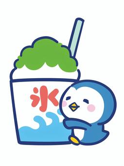 メロン味のかき氷とペンギン かき氷,メロン味,緑色,ペンギン,夏,動物,生き物,かわいい,キャラクター,デフォルメのイラスト素材
