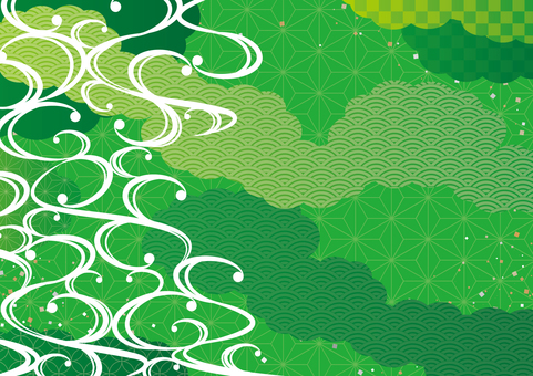 緑色の和風の渦と雲の背景素材 和風,和柄,雲,渦,曲線,背景のイラスト素材