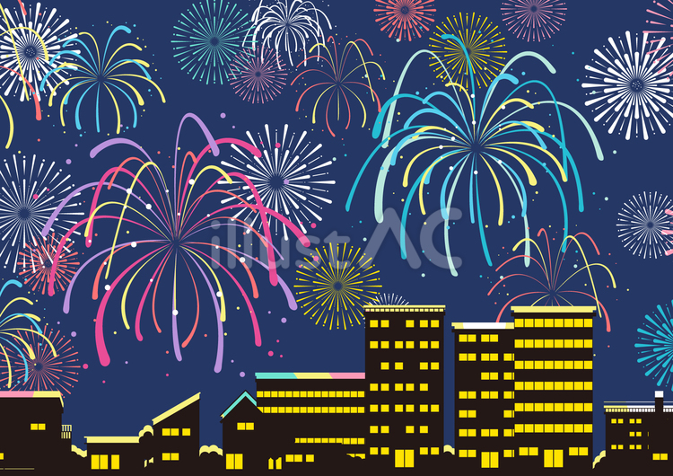 夏の花火と夜の都市のイメージ背景素材 夏,花火,街のイラスト素材