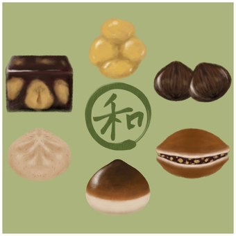栗の和菓子色々　背景色有り　和のロゴ 栗,和菓子,秋,鹿子,羊羹,渋皮煮,甘露煮,饅頭,どら焼き,ロゴのイラスト素材