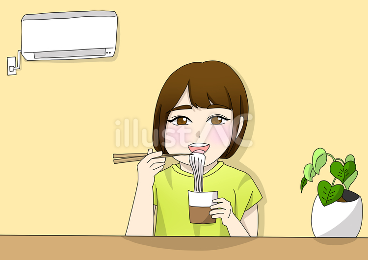 涼しい部屋でそうめんを食べる女の子 エアコン,そうめん,女の子のイラスト素材