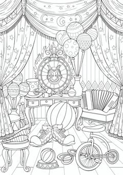 ピエロの部屋 ぬり絵,手書き,線画,白黒,塗り絵,ぬりえ,大人向け,ピエロ,部屋,アコーディオンのイラスト素材
