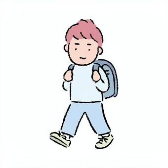 手描きの男子小学生 子供,男の子,登校,小学生,歩く,ランドセル,通学,男子,学校,教育のイラスト素材