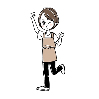 エプロン姿でガッツポーズの女性　全身 エプロン,女性,かわいい,おしゃれ,先生,保育園,保育士,幼稚園,おー,張り切るのイラスト素材