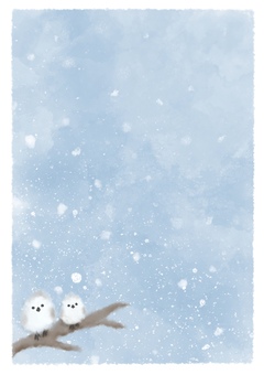 雪の降る冬空とシマエナガ 絵葉書 背景 シマエナガ,青空,冬,背景,雪,絵葉書,カード,縦長,縦,水彩のイラスト素材
