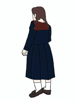 立っている女性15 人物,女性,立つ,後ろ姿,女子高生,セーラー服,三つ編み,ローファーのイラスト素材