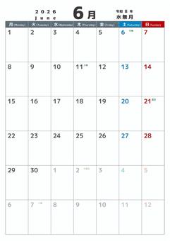 定番_2026_06_縦_月始 カレンダー,2026,6月,水無月,june,令和8年,月曜始め,二十四節気,定番,記念日なしのイラスト素材
