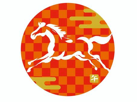 馬のシルエットと赤の市松模様 午,午年,シルエット,馬,ワンポイント,年賀状,2026,２０２６年,金,和風のイラスト素材