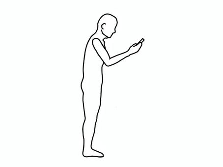 猫背で立ちスマホ画面を見下ろす人 猫背,スマホ,横向き,立位,線画,白黒のイラスト素材