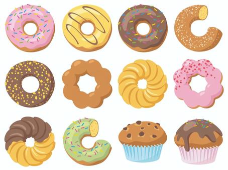 ドーナツいろいろ ドーナツ,食べ物,スイーツ,マフィン,カップケーキ,チョコレート,ストロベリー,トッピング,カラースプレー,チョコチップのイラスト素材