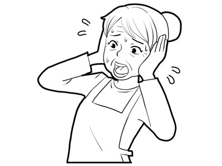 【白黒】困ってるお婆さん【線画】 ピンチ,お婆さん,高齢者,汗,パニック,祖母,白黒,線画のイラスト素材