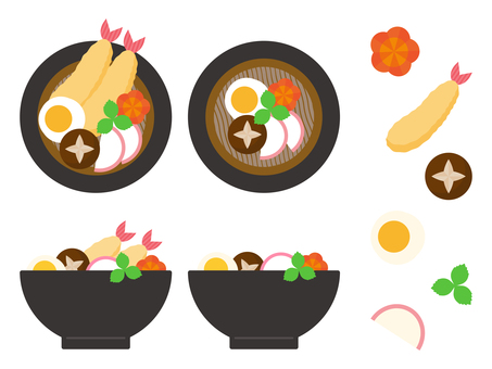 年越しそばのイラスト素材セット03 年越しそば,天ぷらそば,蕎麦,麺類,食べ物,人参,椎茸,天ぷら,海老天,卵のイラスト素材