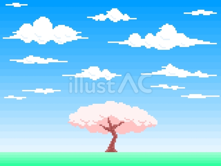 ドットな大きな桜と雲と草原風景 桜,雲,草原のイラスト素材