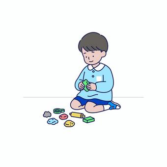 楽しく粘土遊びをする園児のイラスト 人物,園児,幼稚園,保育園,子ども,男の子,粘土,遊び,工作,創作のイラスト素材