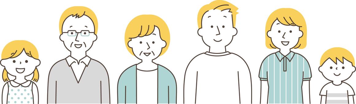 正面を向く色々な世代の人たちセット 人物,家族,セット,お父さん,お母さん,子ども,女性,男性,シニア,高齢者のイラスト素材