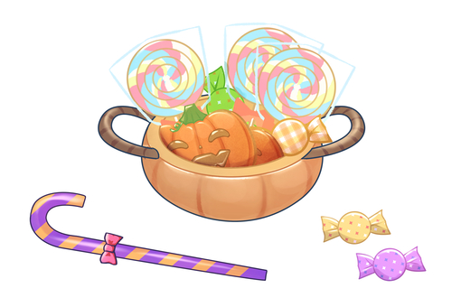 ハロウィン・お菓子詰め合わせ ハロウィン・お菓子詰め合わせ ハロウィン,お菓子,お菓子詰め合わせ,ジャックオーランタン,カボチャ,ペロペロキャンディ―,飴,あめ玉,カゴ,かごのイラスト素材