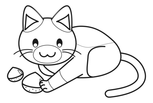 栗をちょんと触るシャム色猫さんのカード線 猫,栗,秋,線画,かわいい,モノクロ,デフォルメのイラスト素材