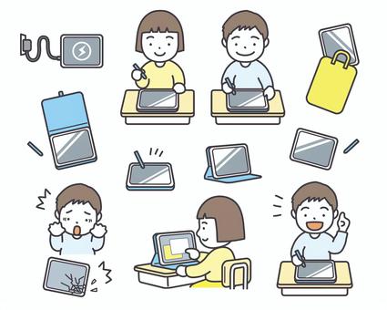 タブレットで授業を受ける子ども　いろいろ タブレット,パッド,授業,勉強,学習,教育,学校,デジタル化,小学校,小学生のイラスト素材
