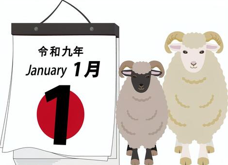 日めくりカレンダーと2匹のヒツジ ヒツジ,サフォーク,日めくり,カレンダー,暦,元号,動物,未,未年,2027のイラスト素材