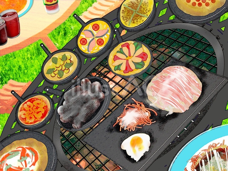BBQだよ！　ピザとキッシュにお好み焼き バーベキュー,網焼き,鉄板焼きのイラスト素材