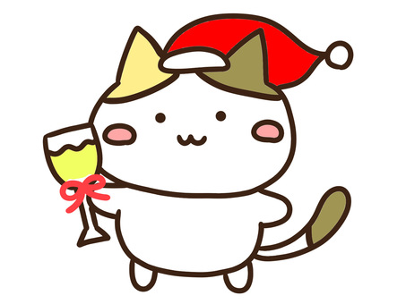 クリスマスにワインで乾杯する三毛猫 クリスマス,メリークリスマス,サンタ帽子,ワイン,乾杯,クリスマスパーティー,ねこ,お酒,りぼん,記念のイラスト素材