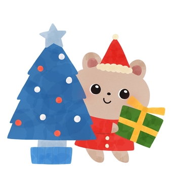 クリスマスツリーとくま クリスマス,ツリー,くま,動物,プレゼント,サンタ,帽子,冬,青,絵本のイラスト素材