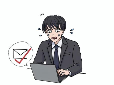 メール送信ミスに焦るスーツ姿の男性 パソコン,メール,送信ミス,誤送信,スーツ,男性,ビジネス,トラブル,ミス,慌てるのイラスト素材