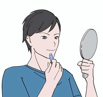 リップクリームを塗る男性のイラスト 男性,手鏡,ミラー,美容,リップクリーム,メンズ,ビューティー,笑顔,画像,挿絵のイラスト素材