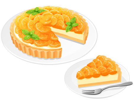 みかんのタルト3 みかん,タルト,ミント,スイーツ,料理,食べ物,フルーツ,皿,ピースのイラスト素材