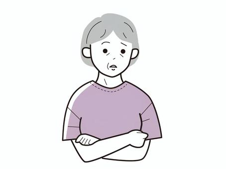 腕組みをする高齢女性 お婆さん,お祖母さん,ばあば,ばあさん,おばあさん,おばあちゃん,老年女性,老女,考え込む,困るのイラスト素材
