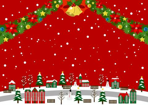 Christmas2541 街並み,雪,家,ポインセチア,ベル,キラキラ,星,オーナメント,クリスマス,かわいいのイラスト素材