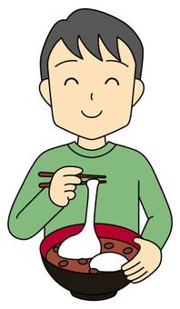 お餅を食べる人1 ぜんざい,餅,小豆,お汁粉,お雑煮,男性,食べる,人物,主線ありのイラスト素材