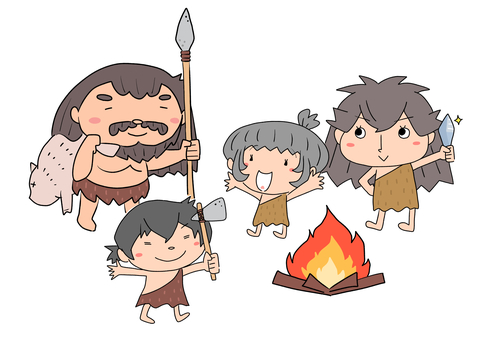 原始人の家族 原始人,男性,女性,男の子,女の子,父,母,娘,息子,焚き火のイラスト素材