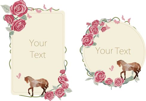 バラと馬のエレガントなフレーム背景 バラ,薔薇,ローズ,花,フラワー,ピンク,赤,植物,装飾,フレームのイラスト素材