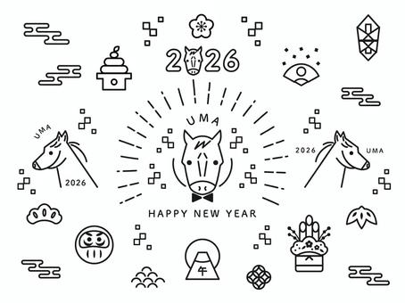 2026年午年の年賀状　アイコンセット 午年,年賀状,2026,馬,線画,午,正月,門松,鏡餅,2026年のイラスト素材