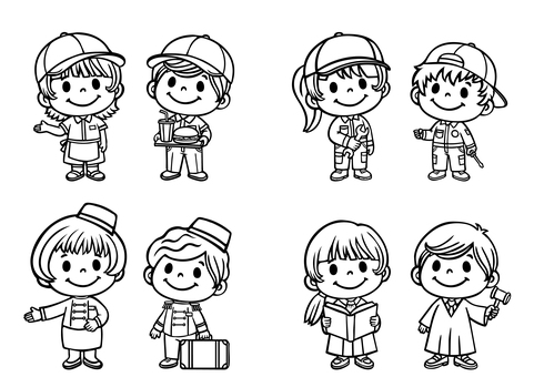 子供職業体験（白黒）-3 ファストフード,店員,販売員,接客,従業員,スタッフ,クルー,バイト,ハンバーガー屋,整備士のイラスト素材