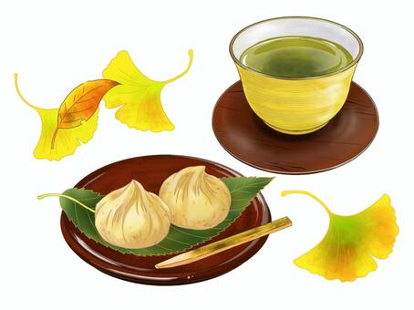 栗きんとんとお茶とイチョウ 栗,栗きんとん,秋,和菓子,秋の味覚,スイーツ,お茶,イチョウ,落ち葉,茶碗のイラスト素材