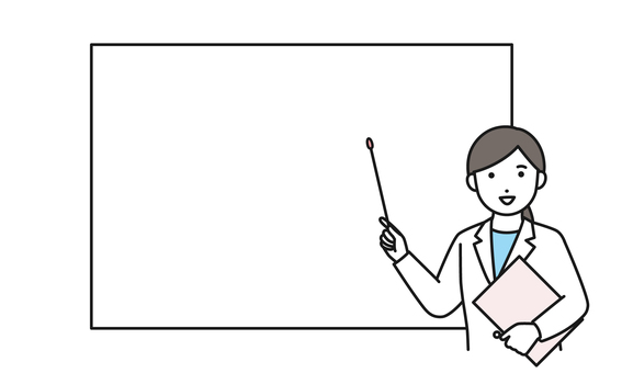 ホワイトボードの前で説明をする白衣の女性 ホワイトボード,説明,発表,白衣,女性,指示棒,指し棒,医療,講義のイラスト素材