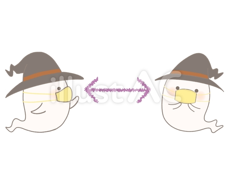 マスクして距離を保つオバケイラスト線あり マスク,オバケ,帽子のイラスト素材