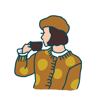 コーヒーを飲むベレー帽の女の子　ロースト コーヒー,女の子,ベレー帽,ニット,秋,冬,ボブ,手描き,手書き,ガールのイラスト素材