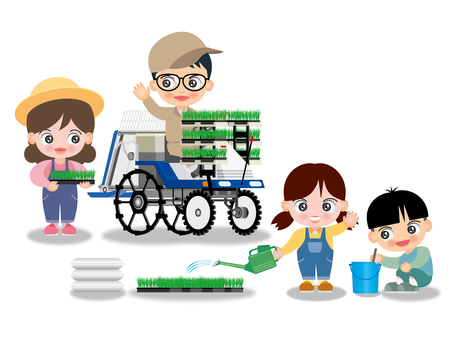 家族で田植え 家族,田植え,田植え機,箱苗,パパ,ママ,男の子,女の子,お手伝い,笑顔のイラスト素材